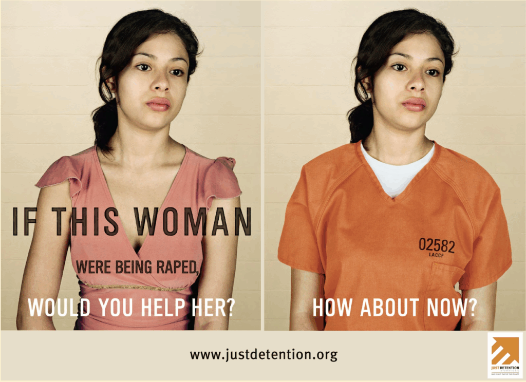 Woman in two images. One is in street clothes and the other is in an orange prison suit. 